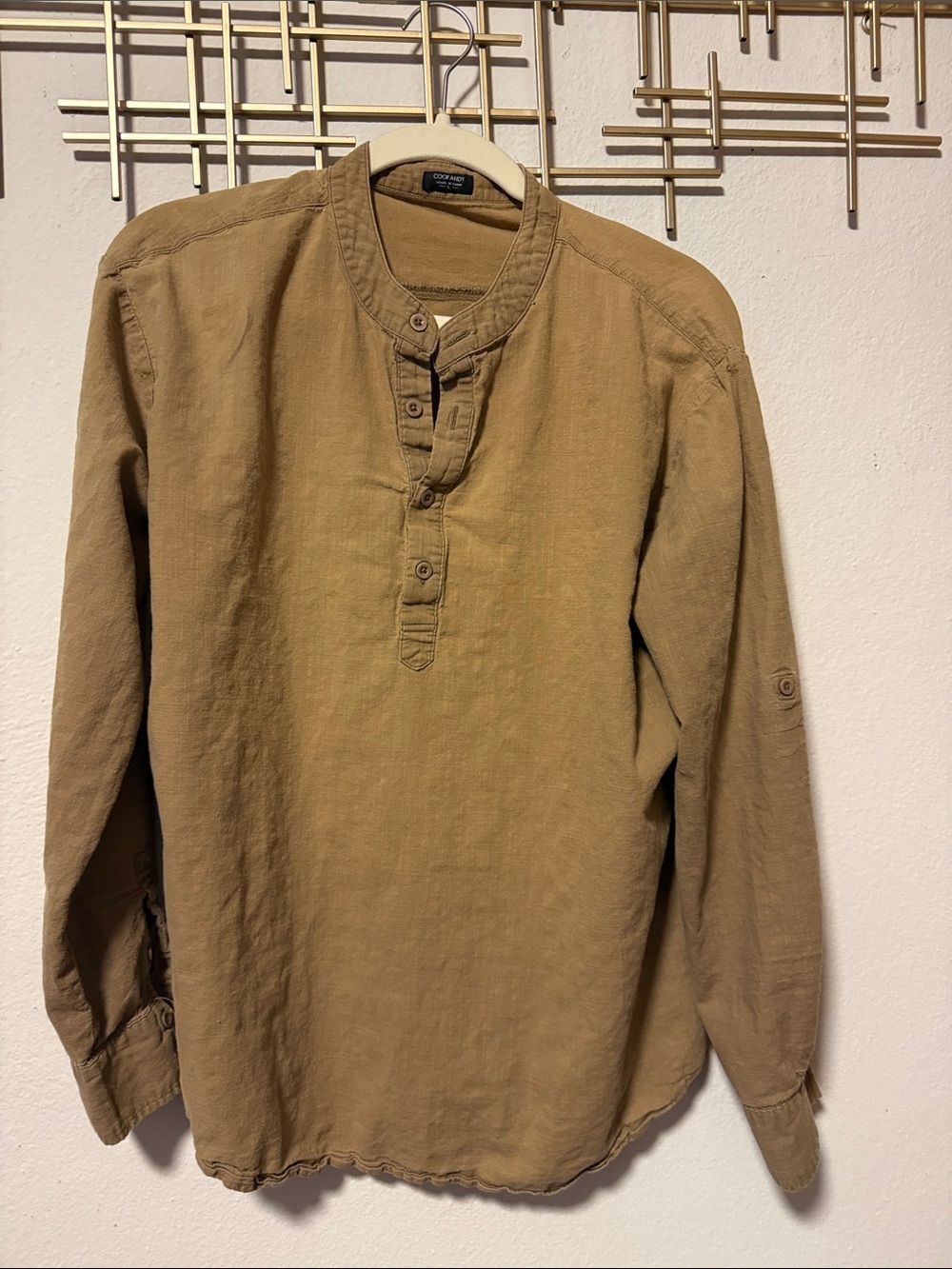 CooFandy Men’s Tan Band Collar Casual Shirt Minimalist Style - Picture 2 of 6